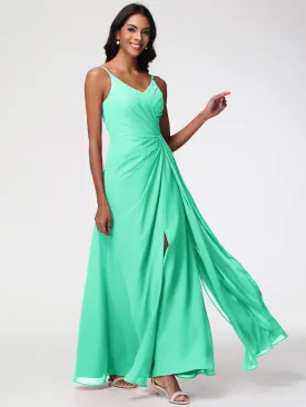 Dark Turquoise Bridesmaid Dresses A-Line V-Neck Spaghetti Straps Ruched Chiffon Bridesmaid Dresses With Slit