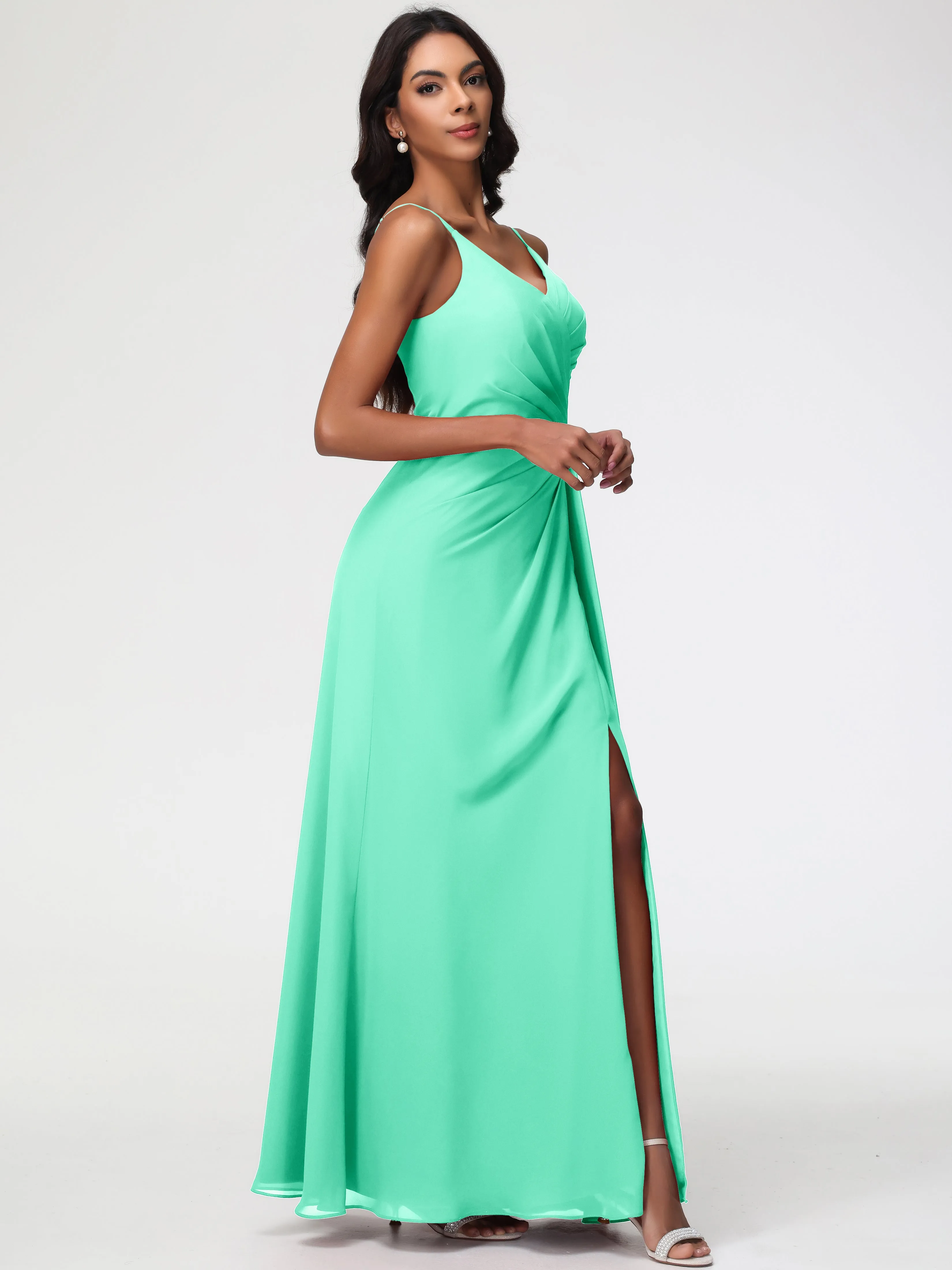 Dark Turquoise Bridesmaid Dresses A-Line V-Neck Spaghetti Straps Ruched Chiffon Bridesmaid Dresses With Slit