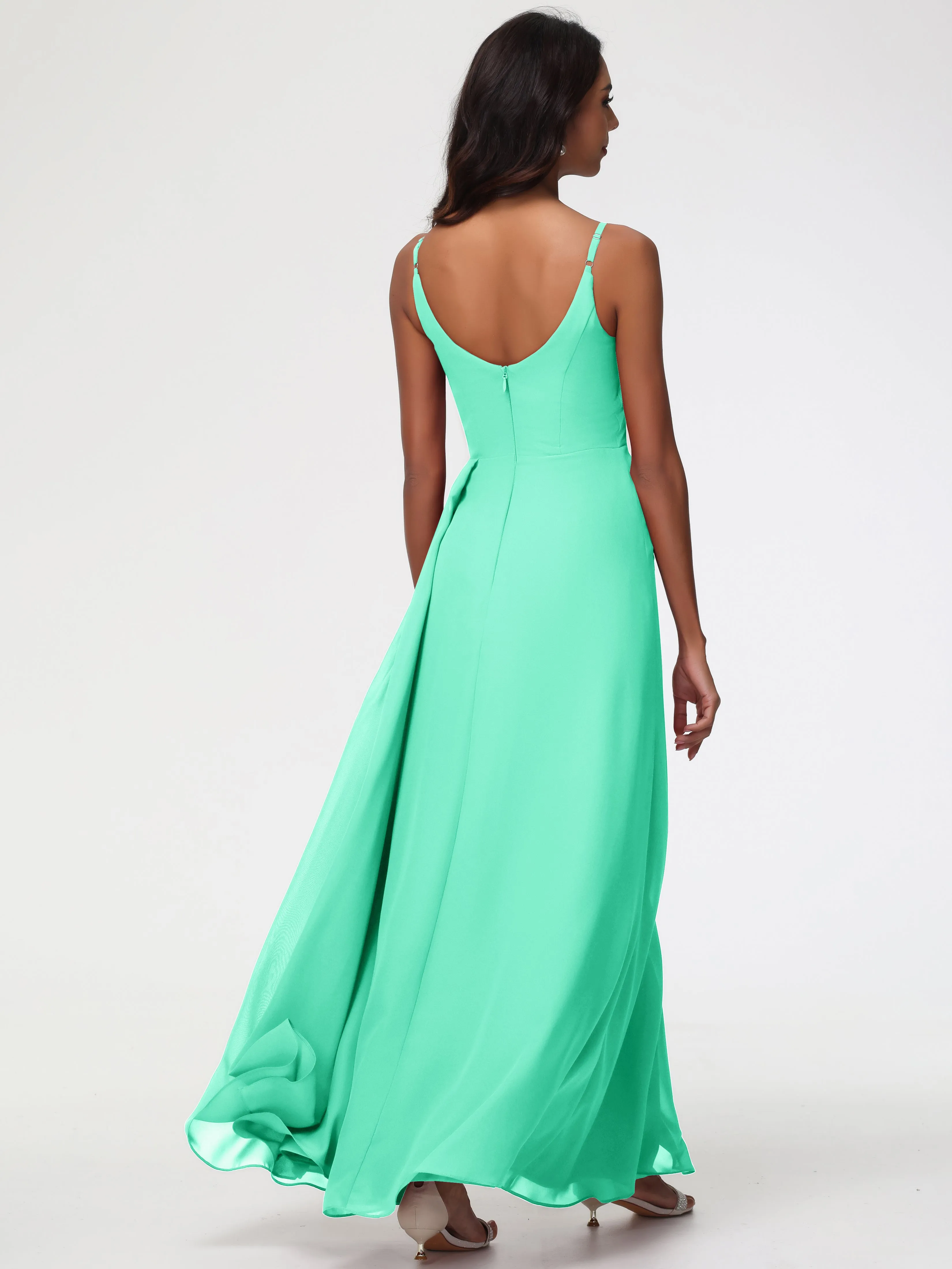 Dark Turquoise Bridesmaid Dresses A-Line V-Neck Spaghetti Straps Ruched Chiffon Bridesmaid Dresses With Slit