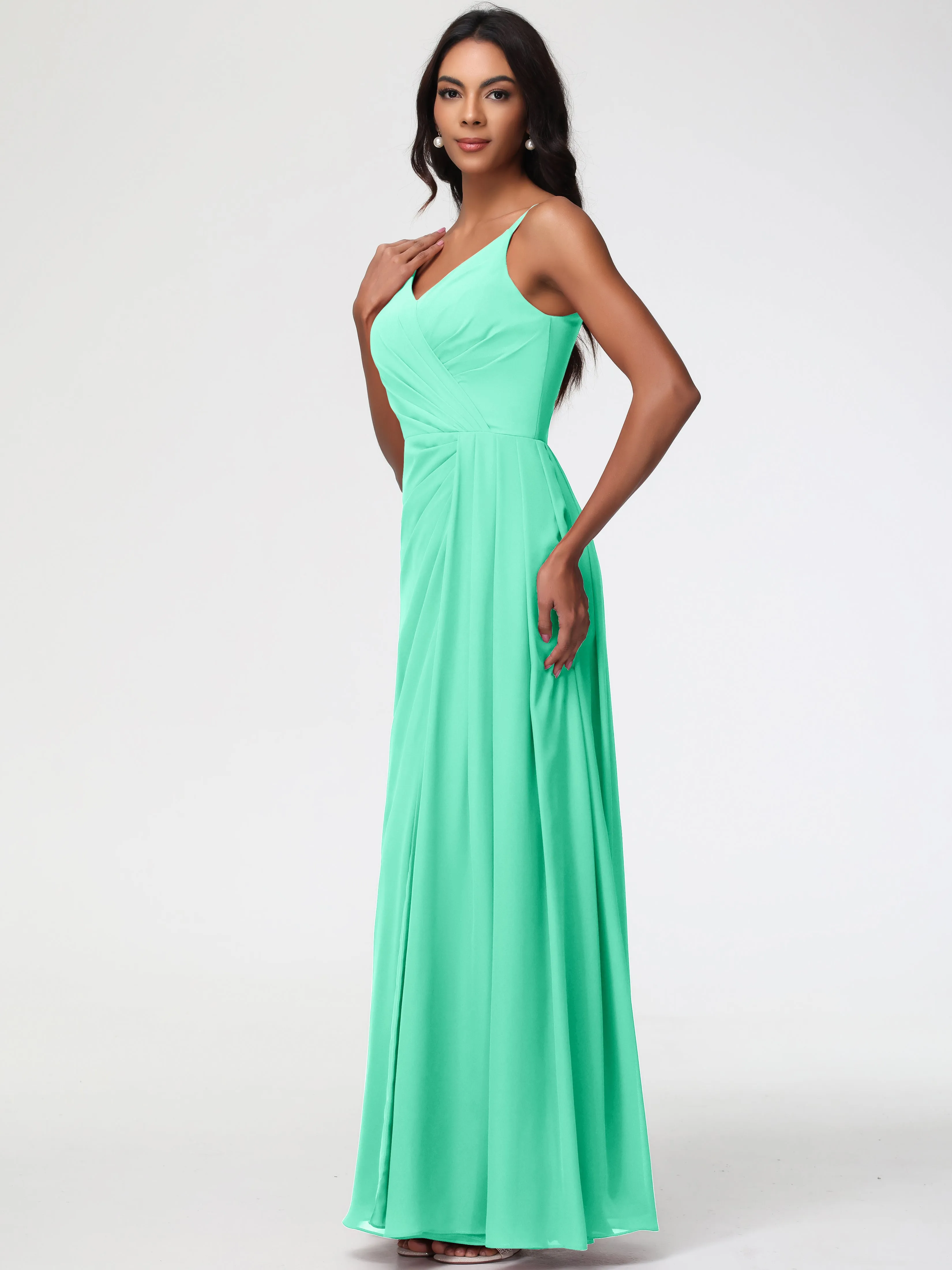 Dark Turquoise Bridesmaid Dresses A-Line V-Neck Spaghetti Straps Ruched Chiffon Bridesmaid Dresses With Slit