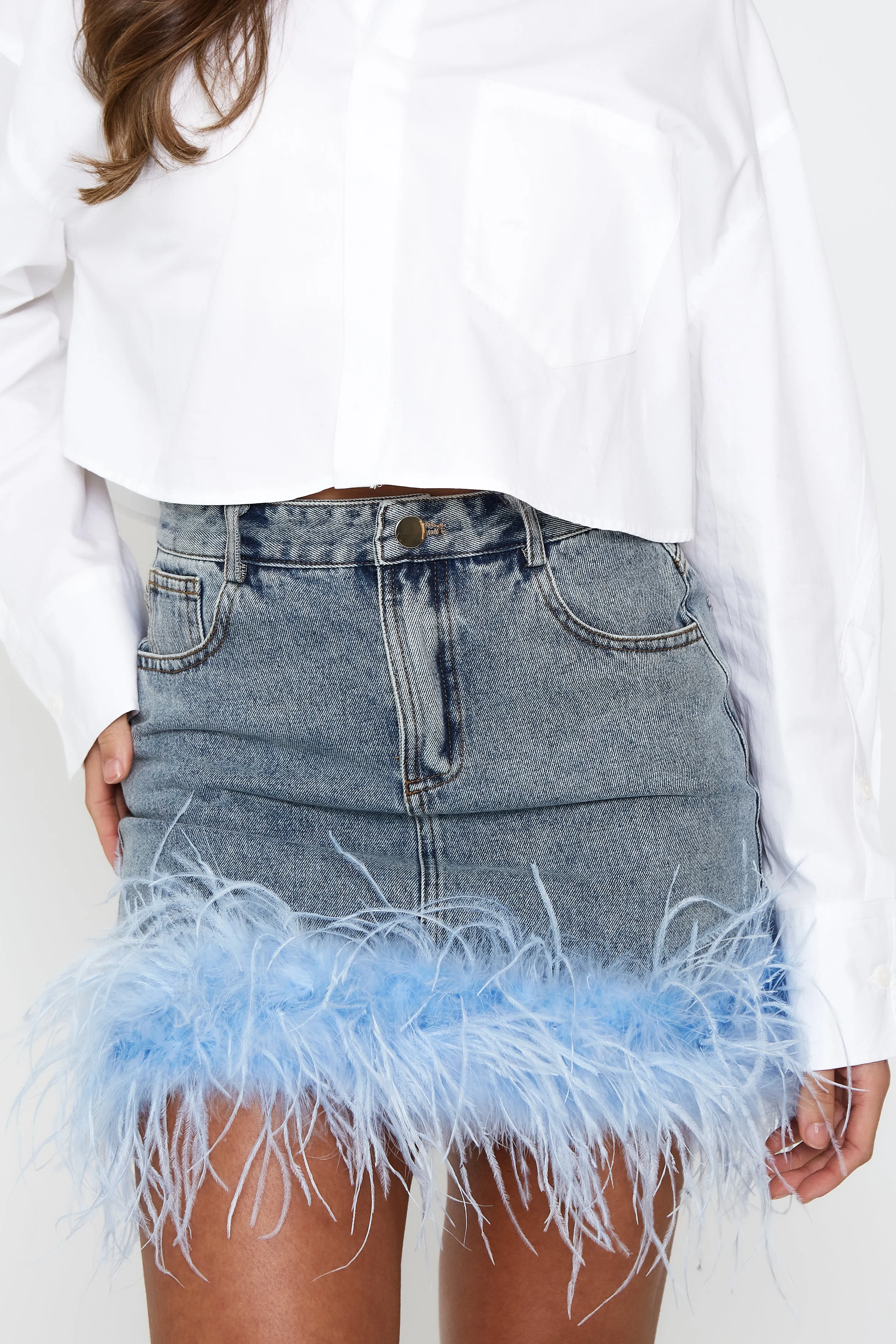 Denim Skirt with Feather Trim
