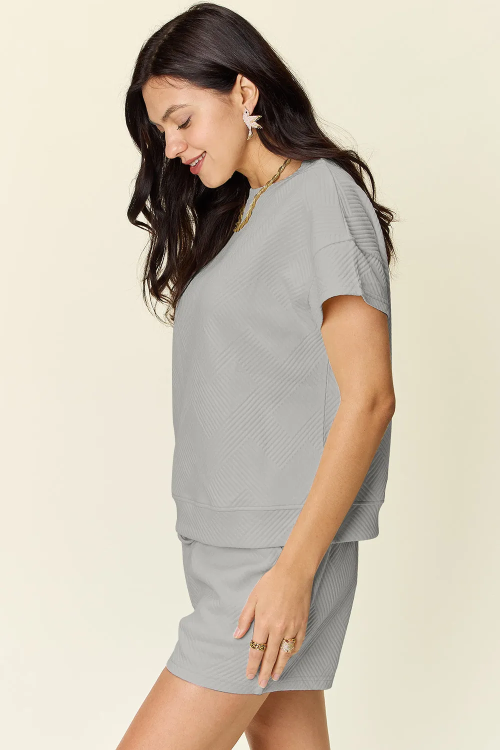 Double Take Texture Short Sleeve T-Shirt and Drawstring Shorts Set