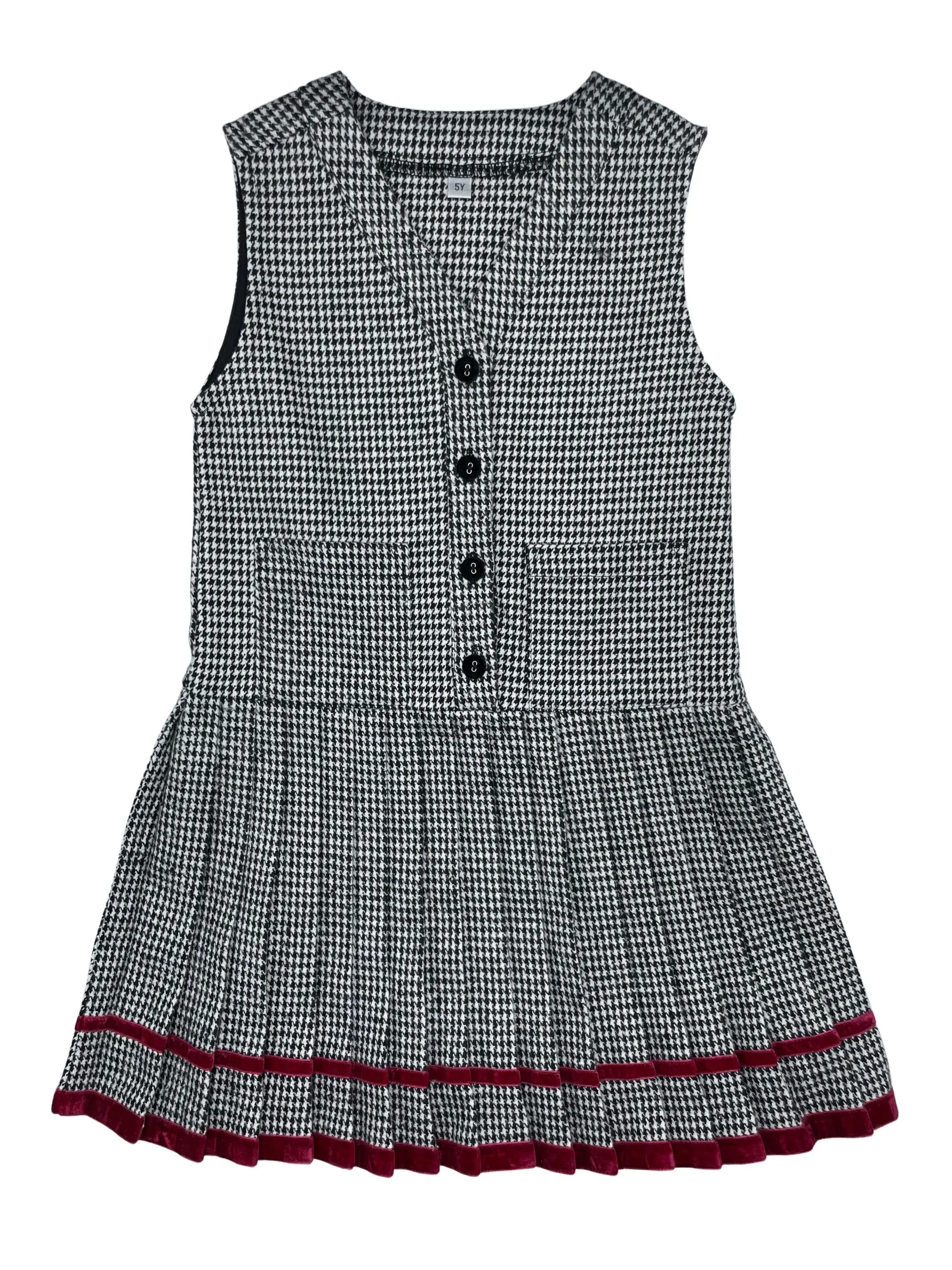 dress dogtooth pleated with ribbon trim - black/white