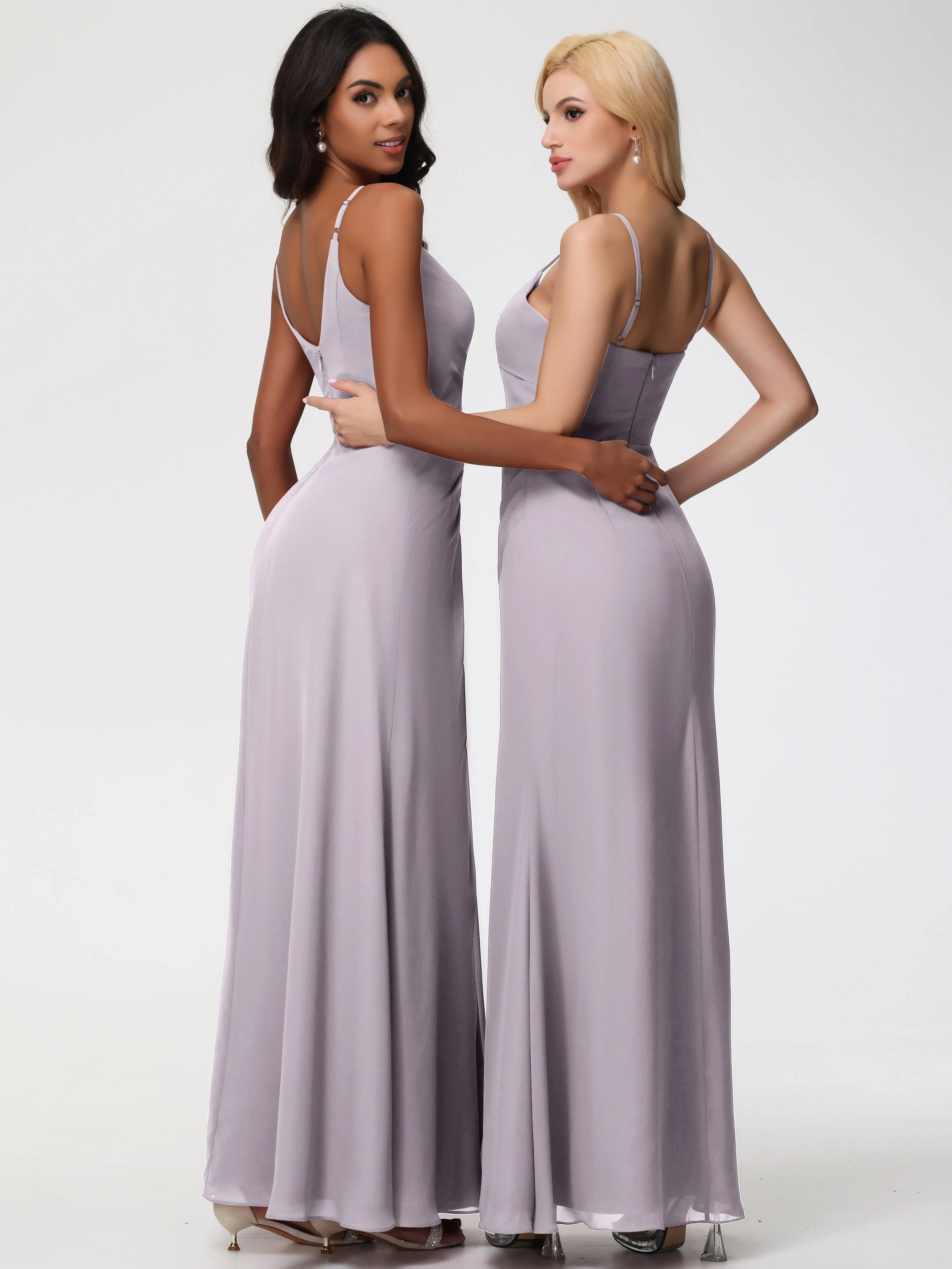 Dusk Bridesmaid Dress A-Line V-Neck Spaghetti Straps Ruched Chiffon Bridesmaid Dresses With Slit