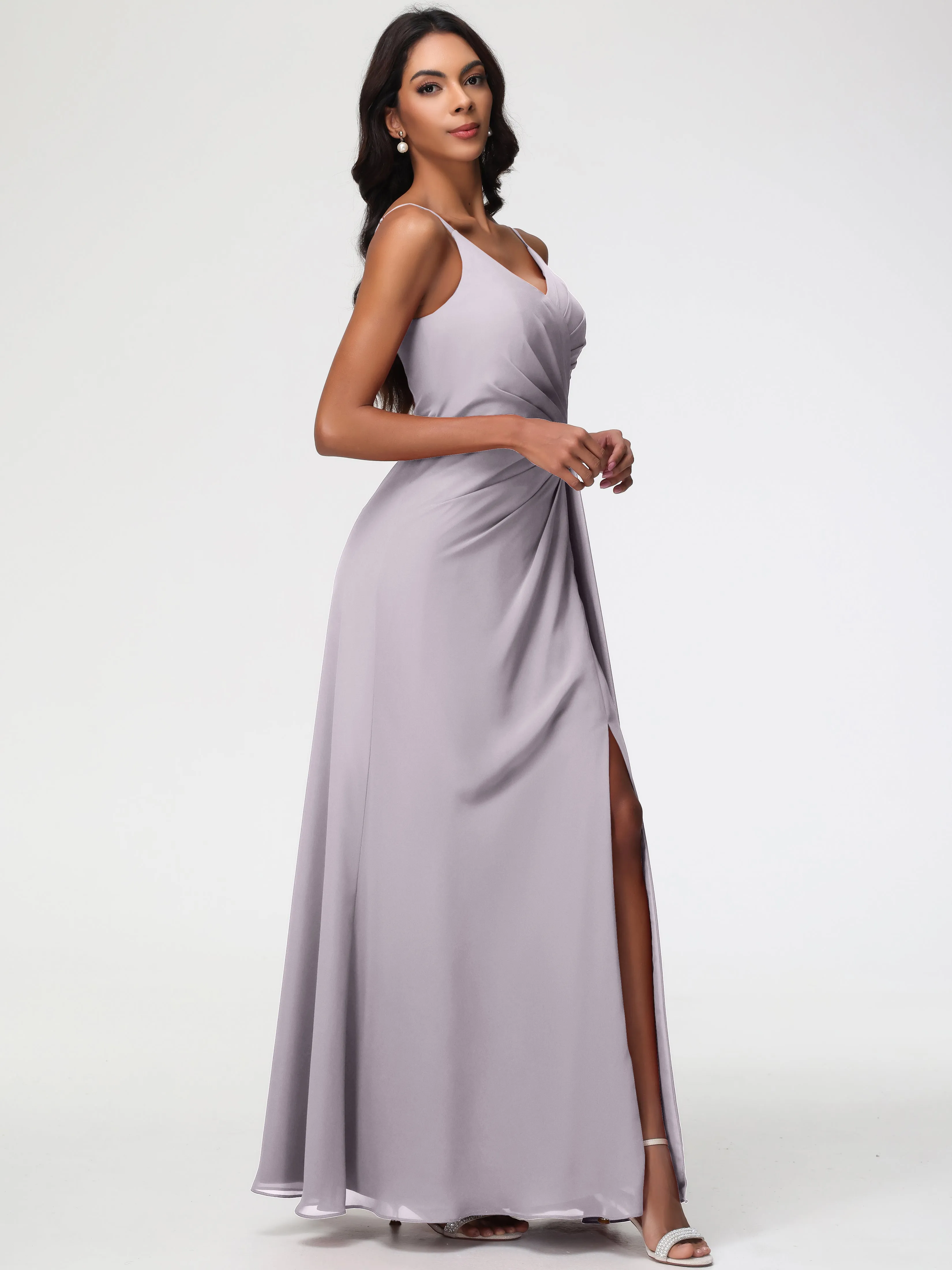 Dusk Bridesmaid Dress A-Line V-Neck Spaghetti Straps Ruched Chiffon Bridesmaid Dresses With Slit