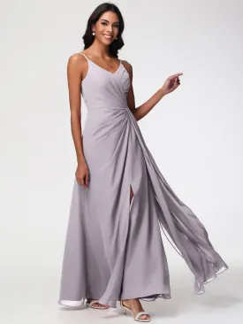 Dusk Bridesmaid Dress A-Line V-Neck Spaghetti Straps Ruched Chiffon Bridesmaid Dresses With Slit