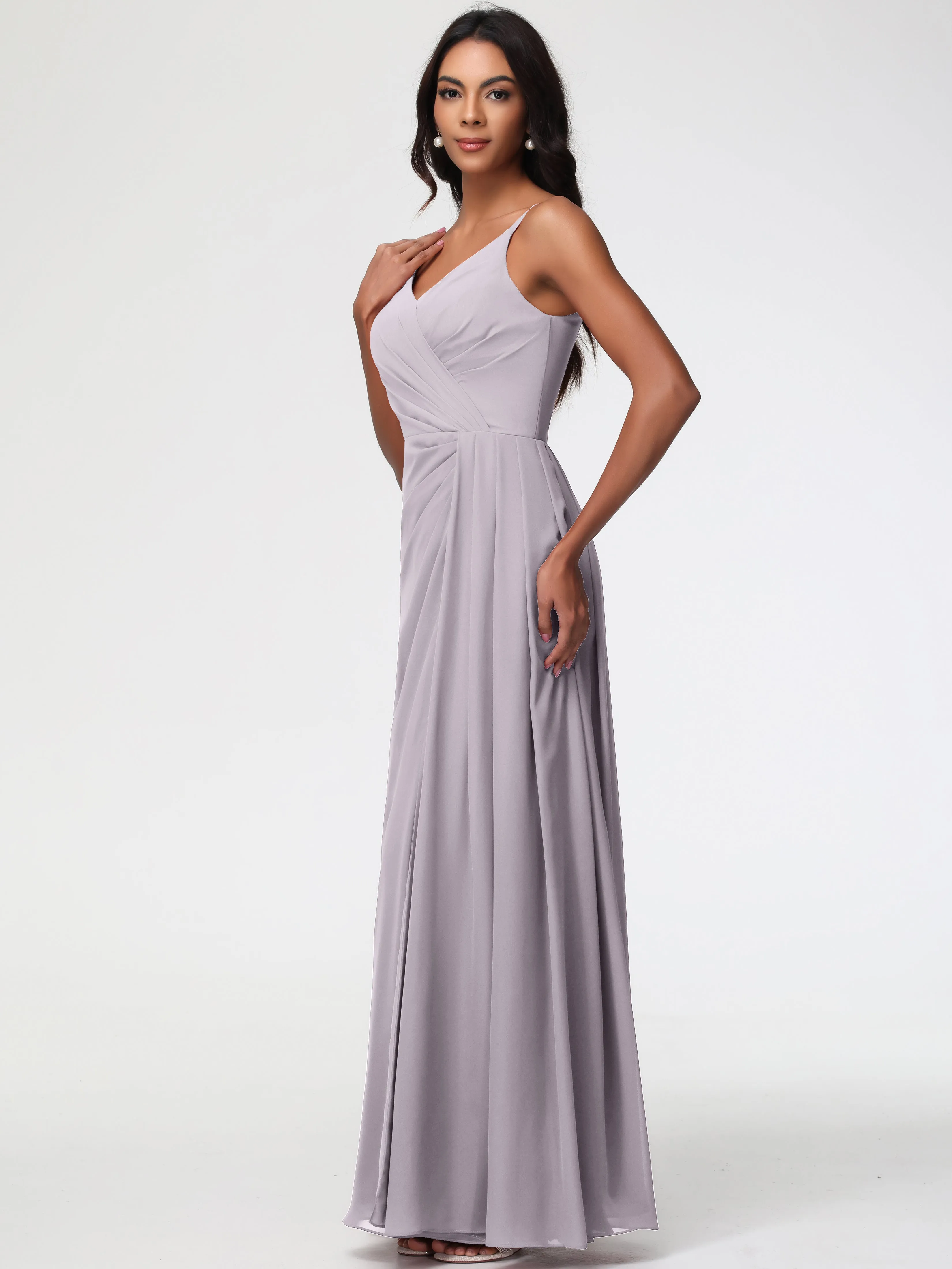 Dusk Bridesmaid Dress A-Line V-Neck Spaghetti Straps Ruched Chiffon Bridesmaid Dresses With Slit