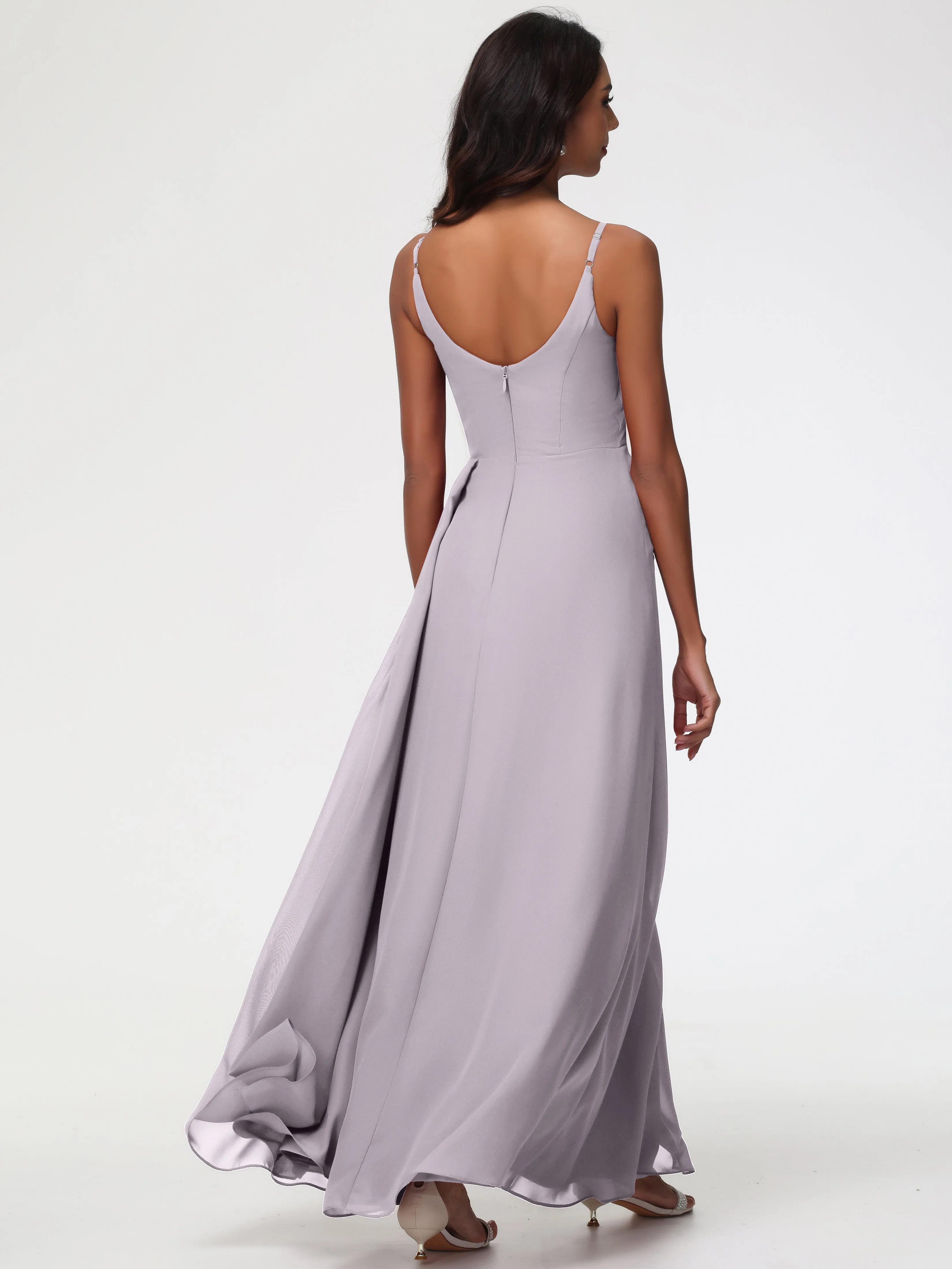 Dusk Bridesmaid Dress A-Line V-Neck Spaghetti Straps Ruched Chiffon Bridesmaid Dresses With Slit