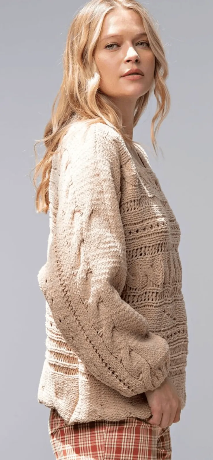 Easel Textured Aran Knit Pullover Long Sleeve Sweater