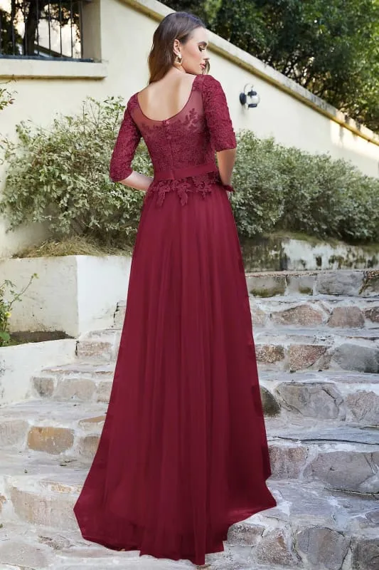 Elegant Half Sleeves Aline Evening Dress Jewel Neck Lace Appliques Tulle Front Split Party Dress