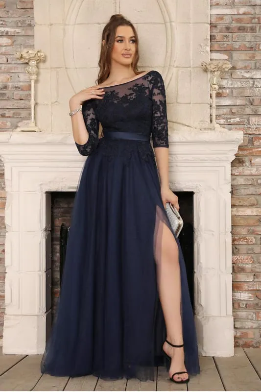 Elegant Half Sleeves Aline Evening Dress Jewel Neck Lace Appliques Tulle Front Split Party Dress