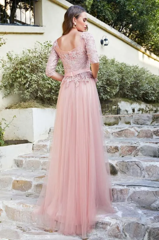 Elegant Half Sleeves Aline Evening Dress Jewel Neck Lace Appliques Tulle Front Split Party Dress