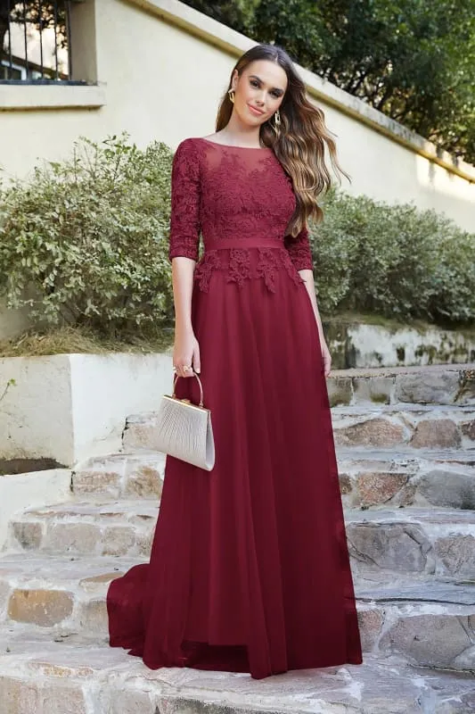 Elegant Half Sleeves Aline Evening Dress Jewel Neck Lace Appliques Tulle Front Split Party Dress