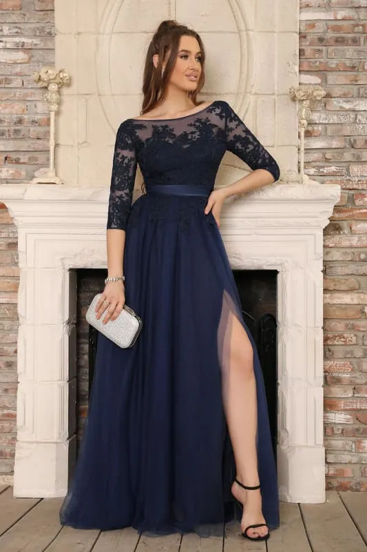 Elegant Half Sleeves Aline Evening Dress Jewel Neck Lace Appliques Tulle Front Split Party Dress