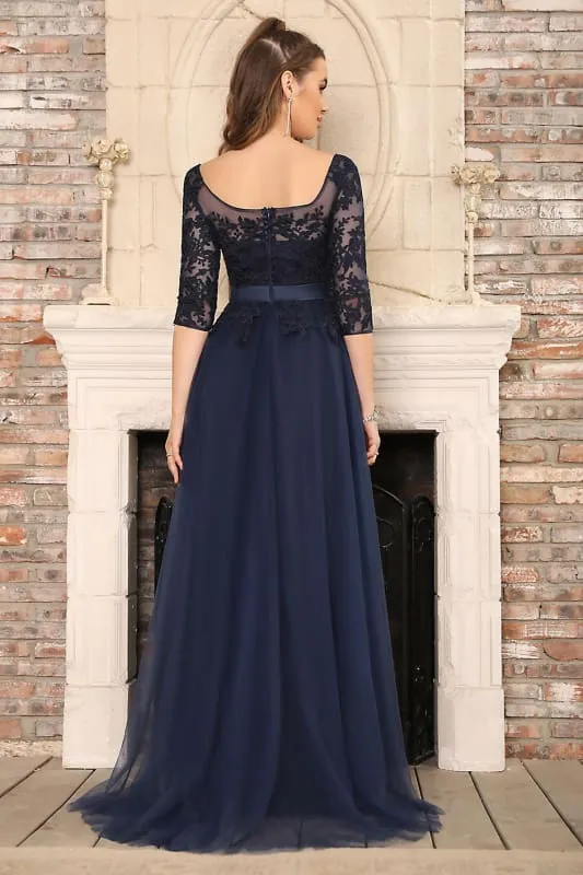 Elegant Half Sleeves Aline Evening Dress Jewel Neck Lace Appliques Tulle Front Split Party Dress