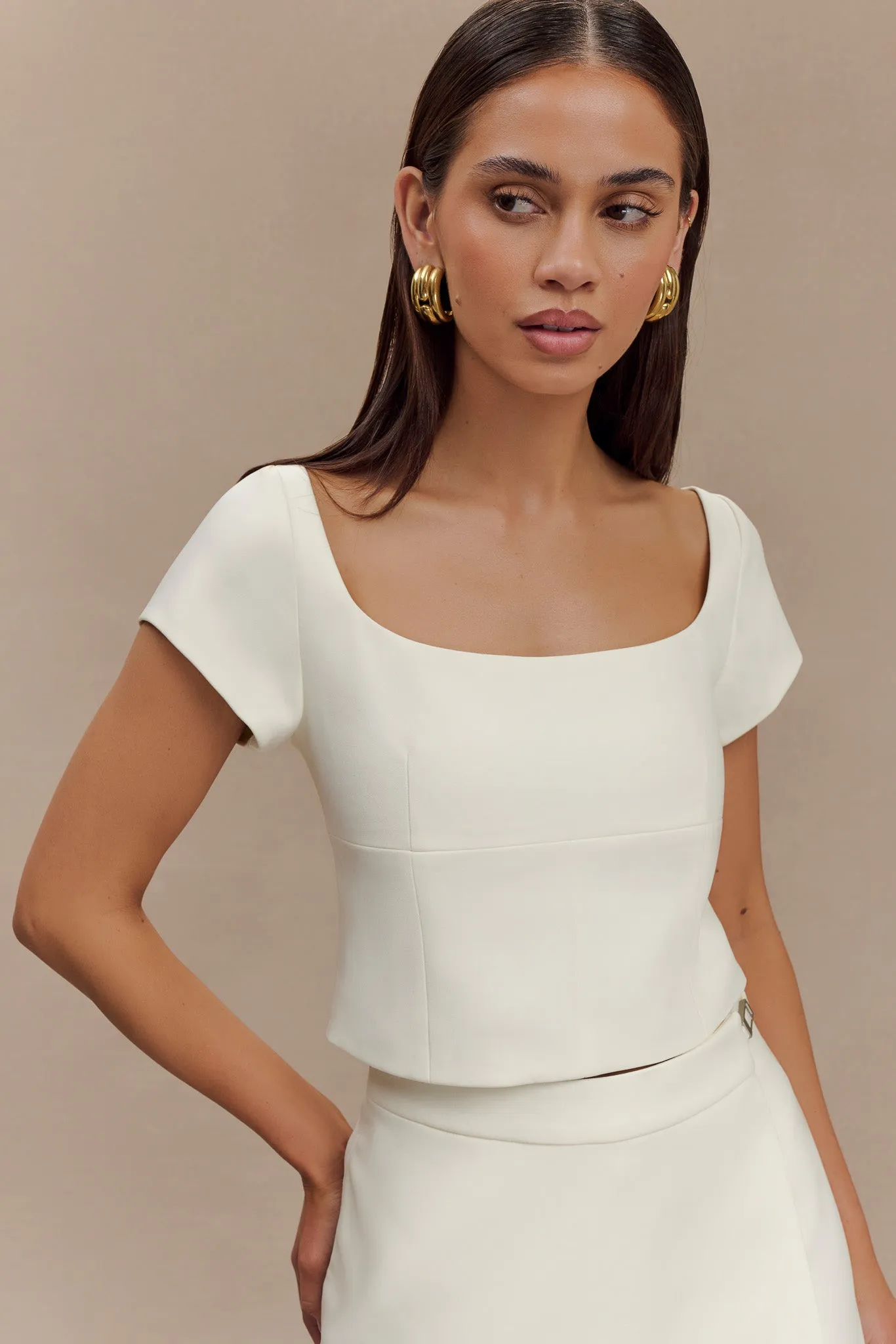 Ellis Cap Sleeve Longline Suiting Top - Ivory