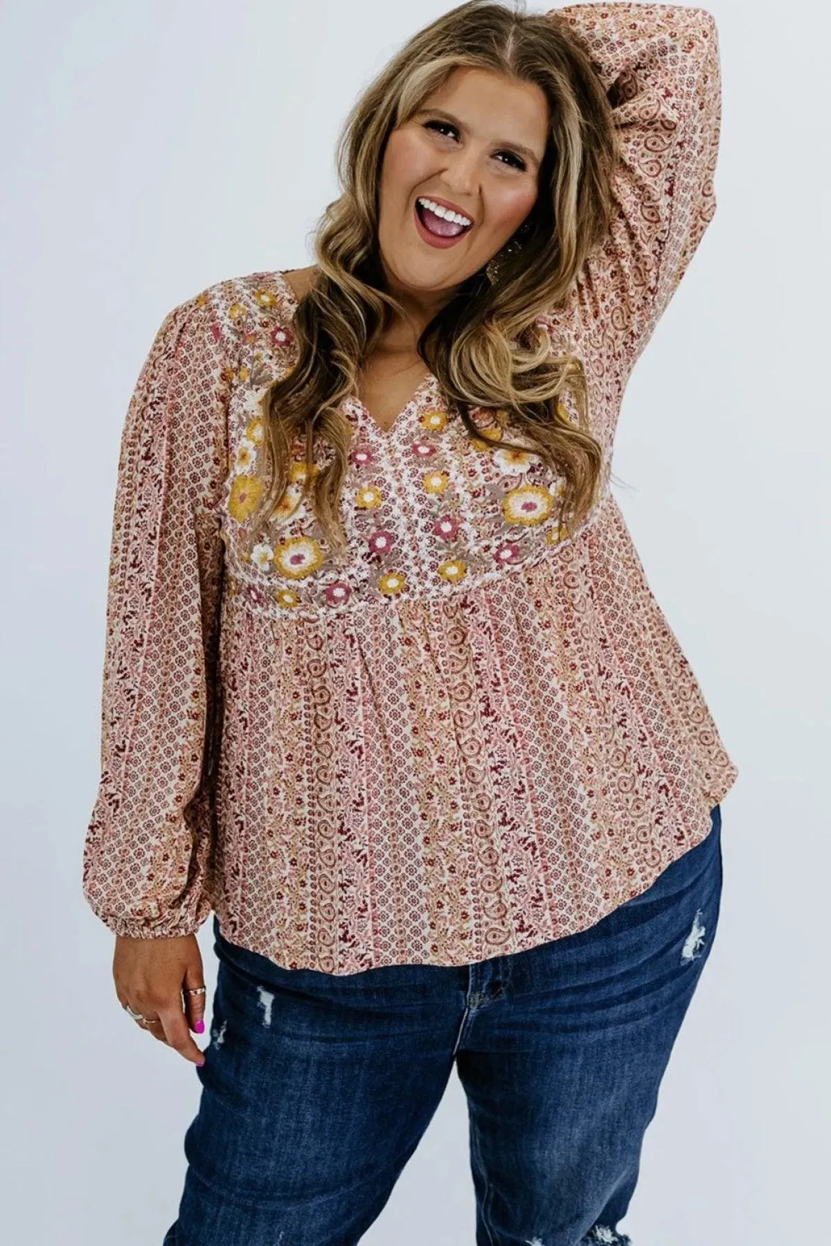 Floral Embroidered Plus Size Babydoll Blouse