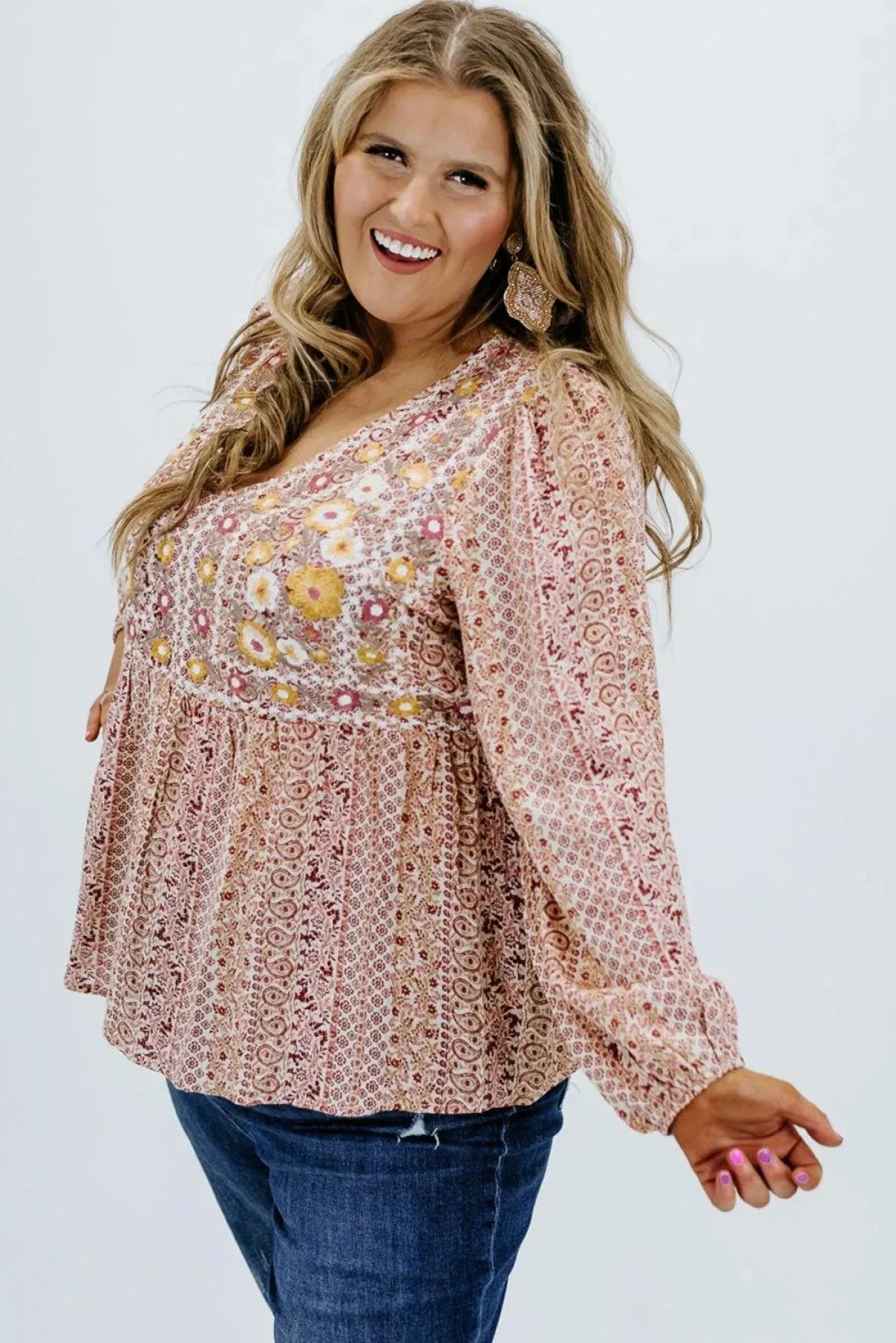 Floral Embroidered Plus Size Babydoll Blouse