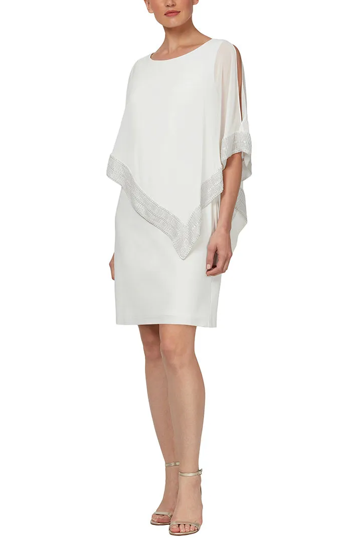 Foil Trim Asymmetrical Chiffon & Jersey Popover Cape Dress