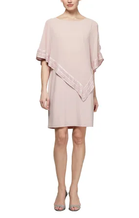 Foil Trim Asymmetrical Chiffon & Jersey Popover Cape Dress