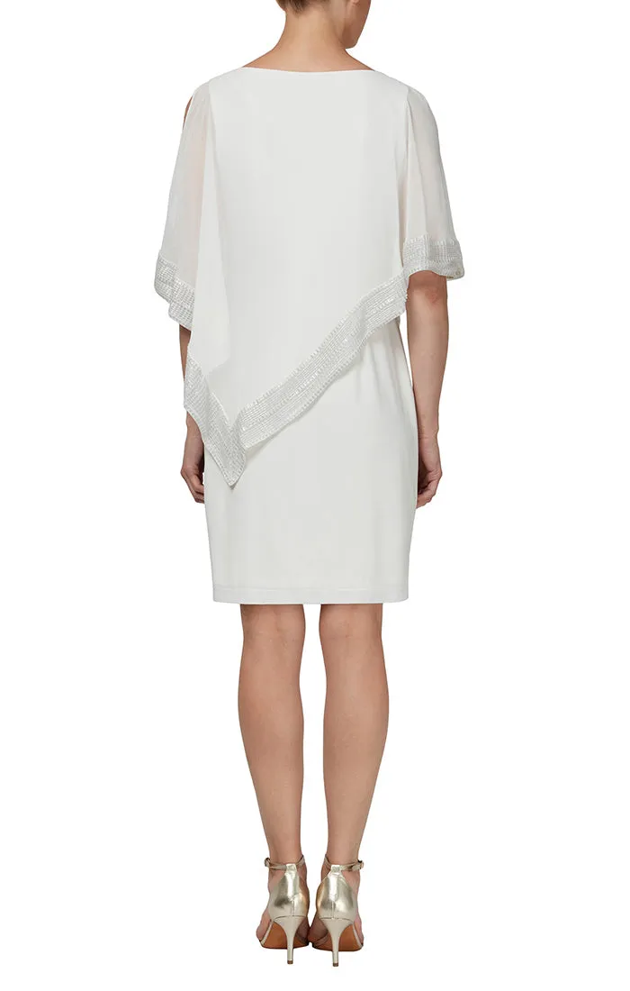 Foil Trim Asymmetrical Chiffon & Jersey Popover Cape Dress