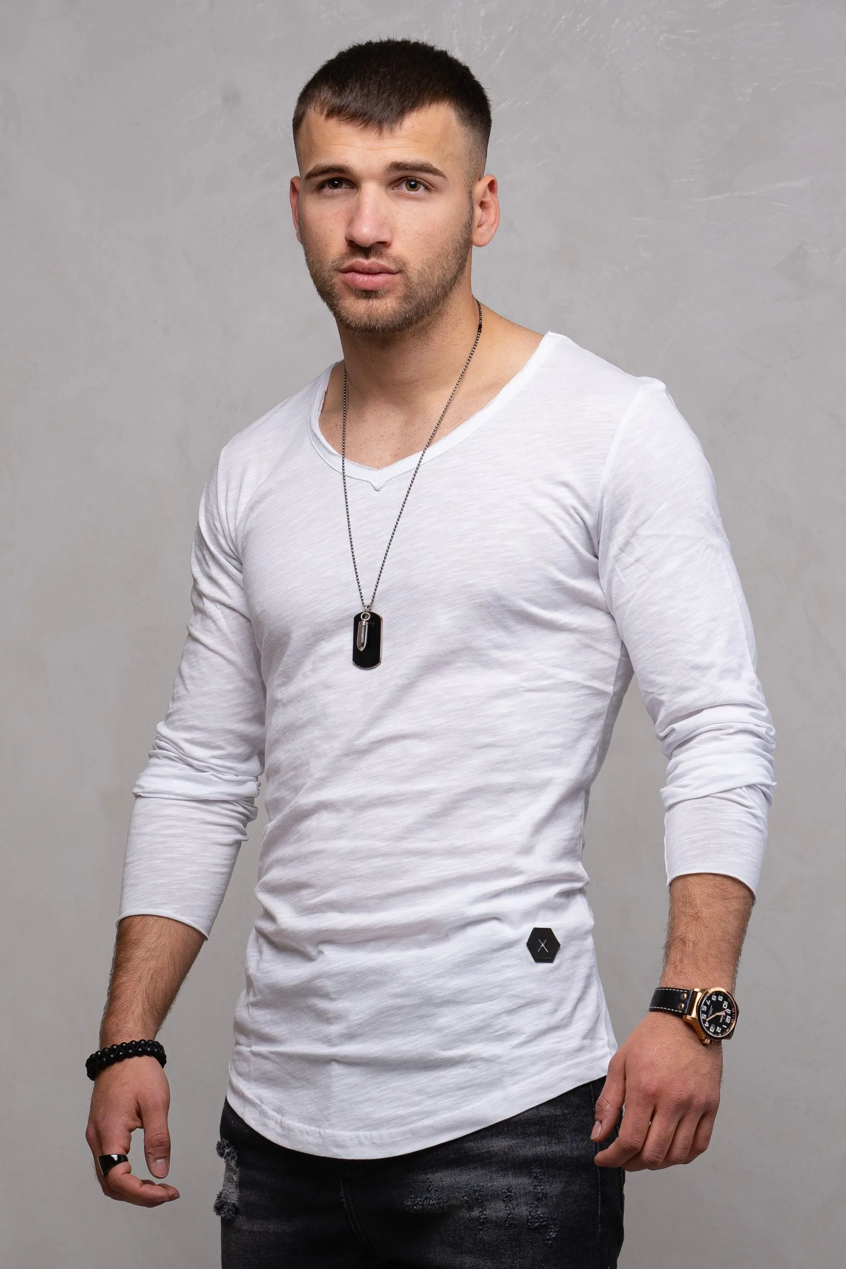Longline Longsleeve V-Neck Weiß 7314