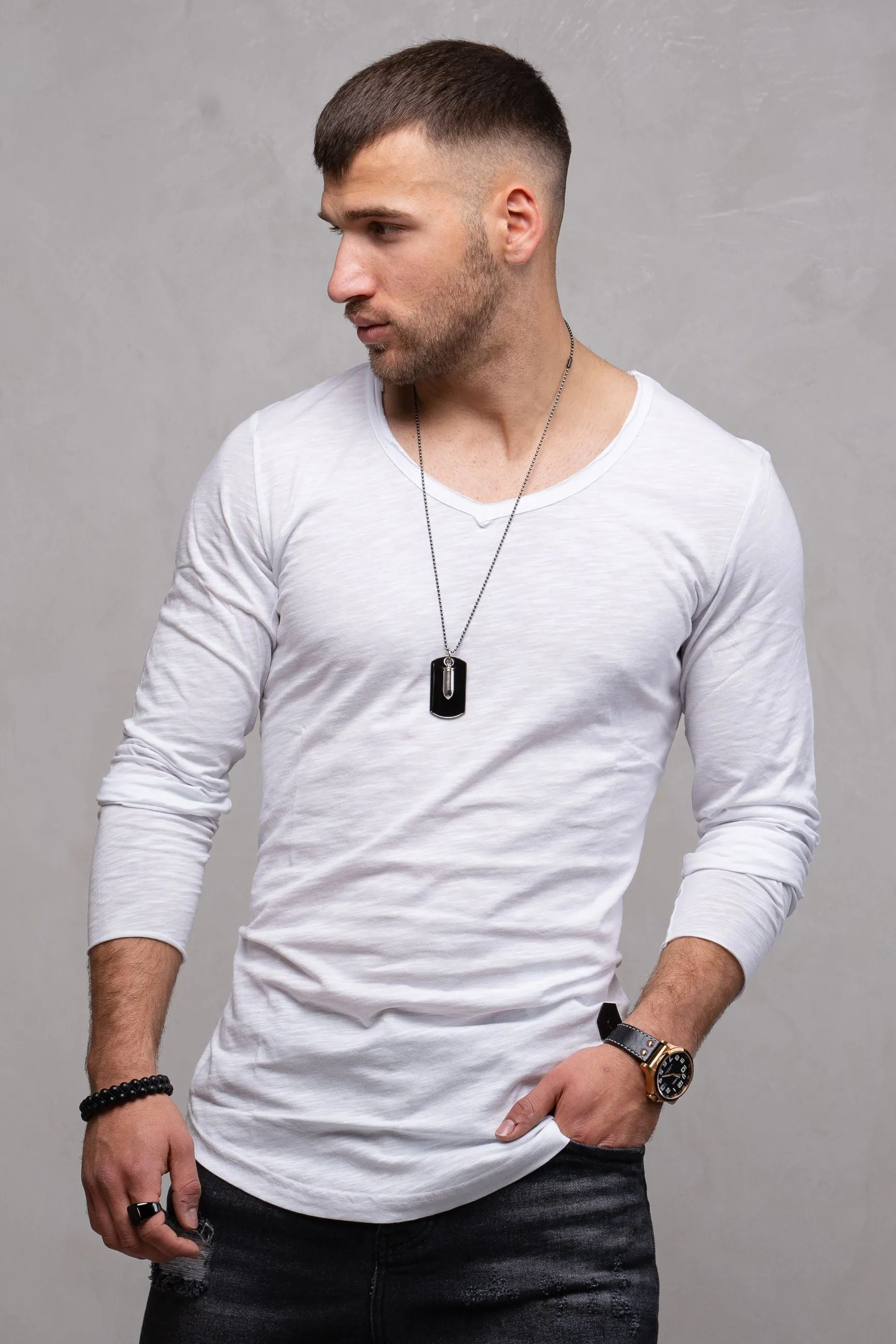 Longline Longsleeve V-Neck Weiß 7314