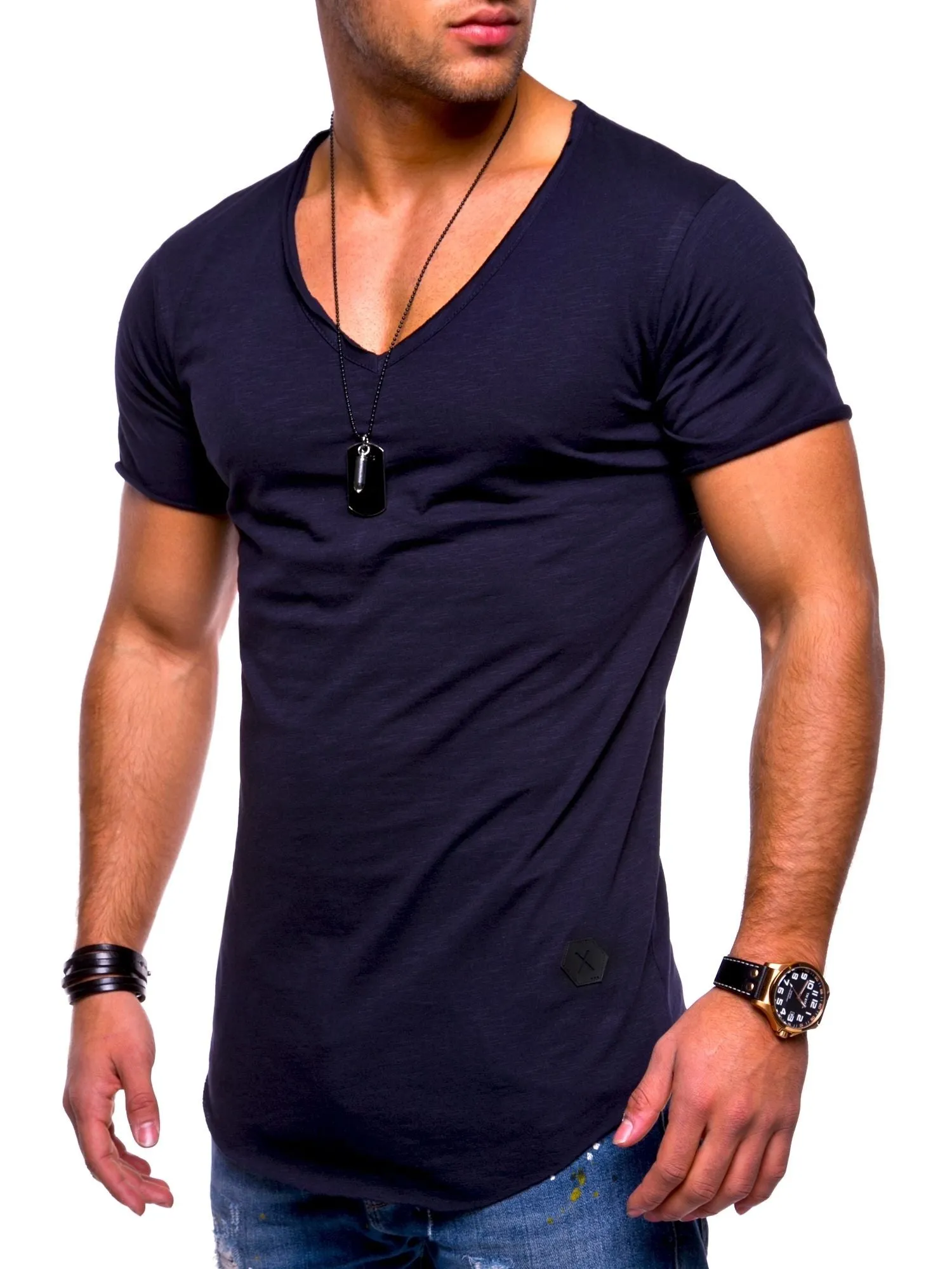 Longline T-Shirt V-Neck Navy 7102