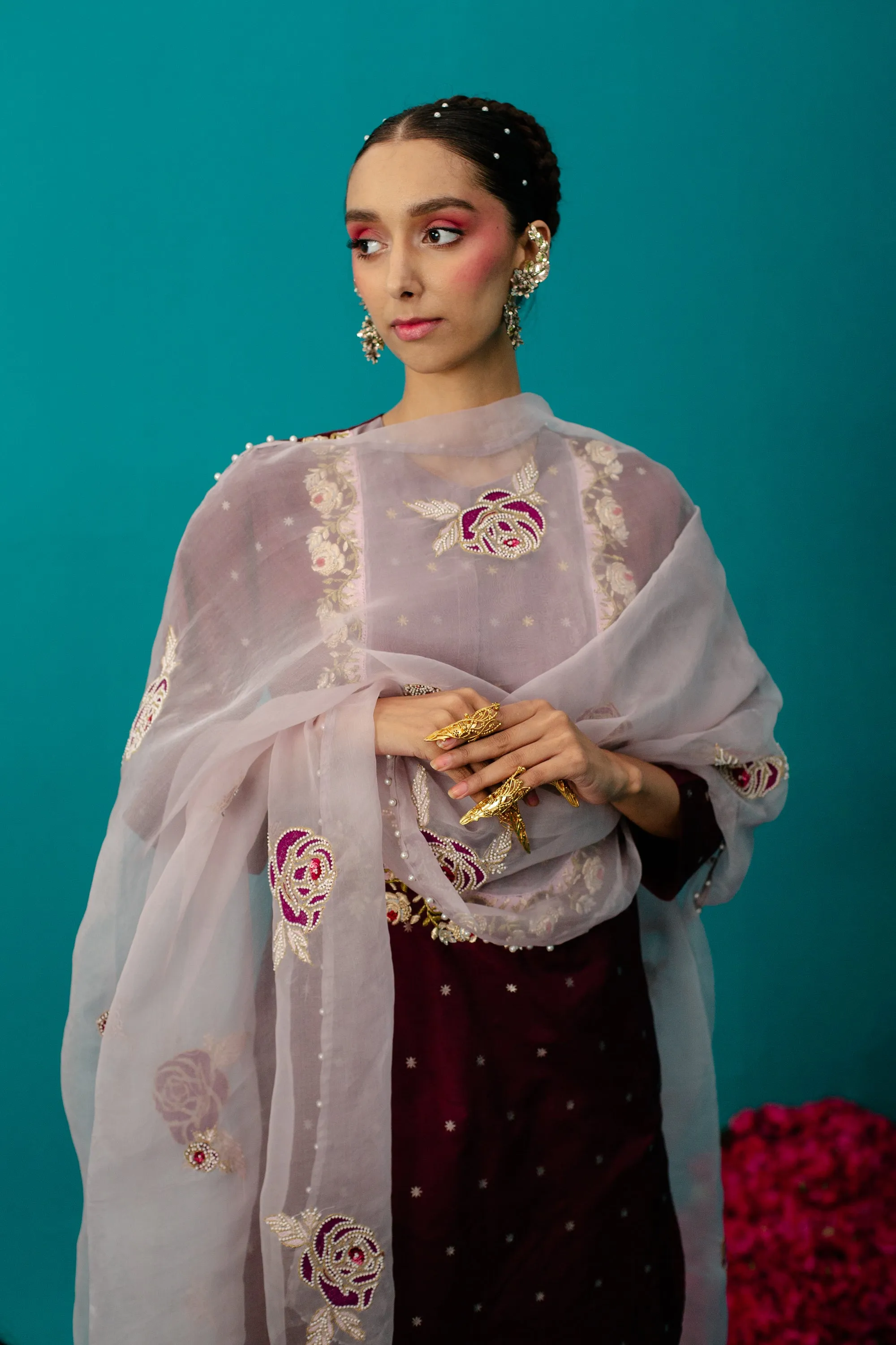 Maroon Star Silk RoseTunic