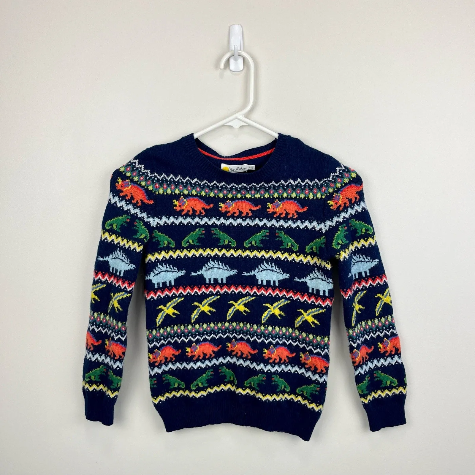Mini Boden Fair Isle Dinosaur Sweater College Navy Dinosaurs 7-8