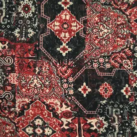 Mousseline imprimée plumetis lurex ornement rouge fond noir