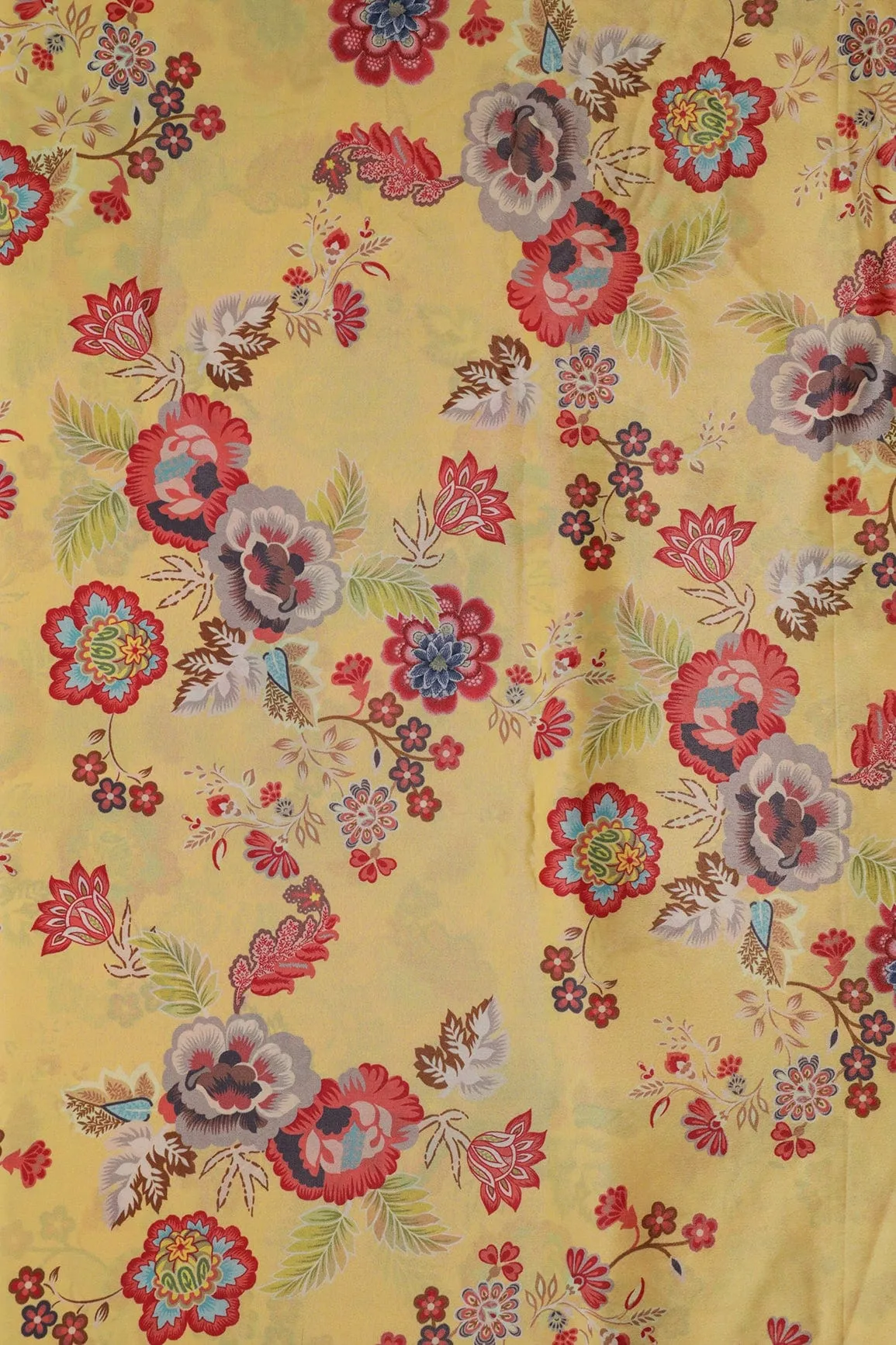 Multi Color Floral Pattern Digital Print On Yellow Crepe Fabric