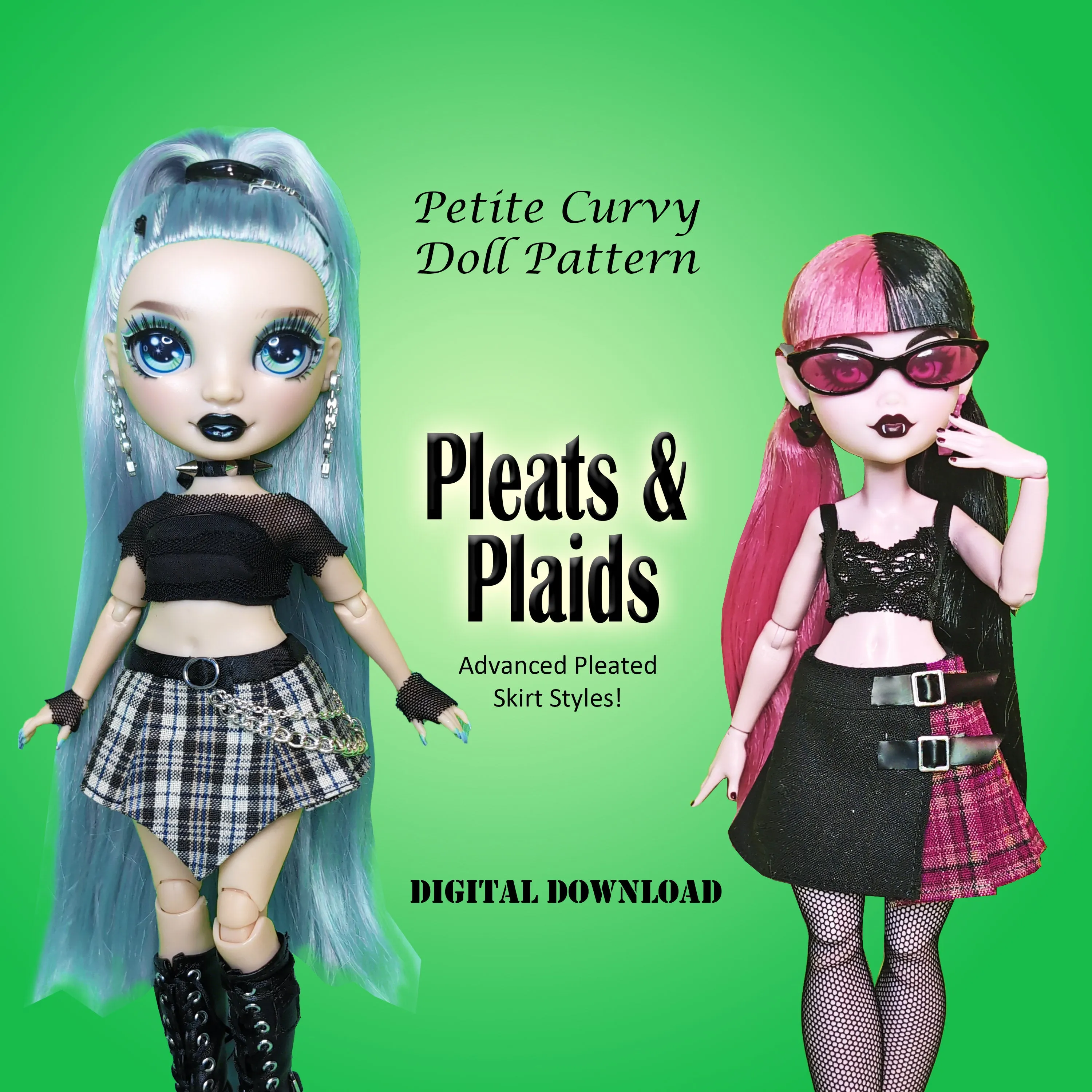 PC PLEATS & PLAID 11" Fashion Doll - Punky knife and box pleated skirts with panels - Downloadable RAD Doll Clothes PDF Sewing Pattern