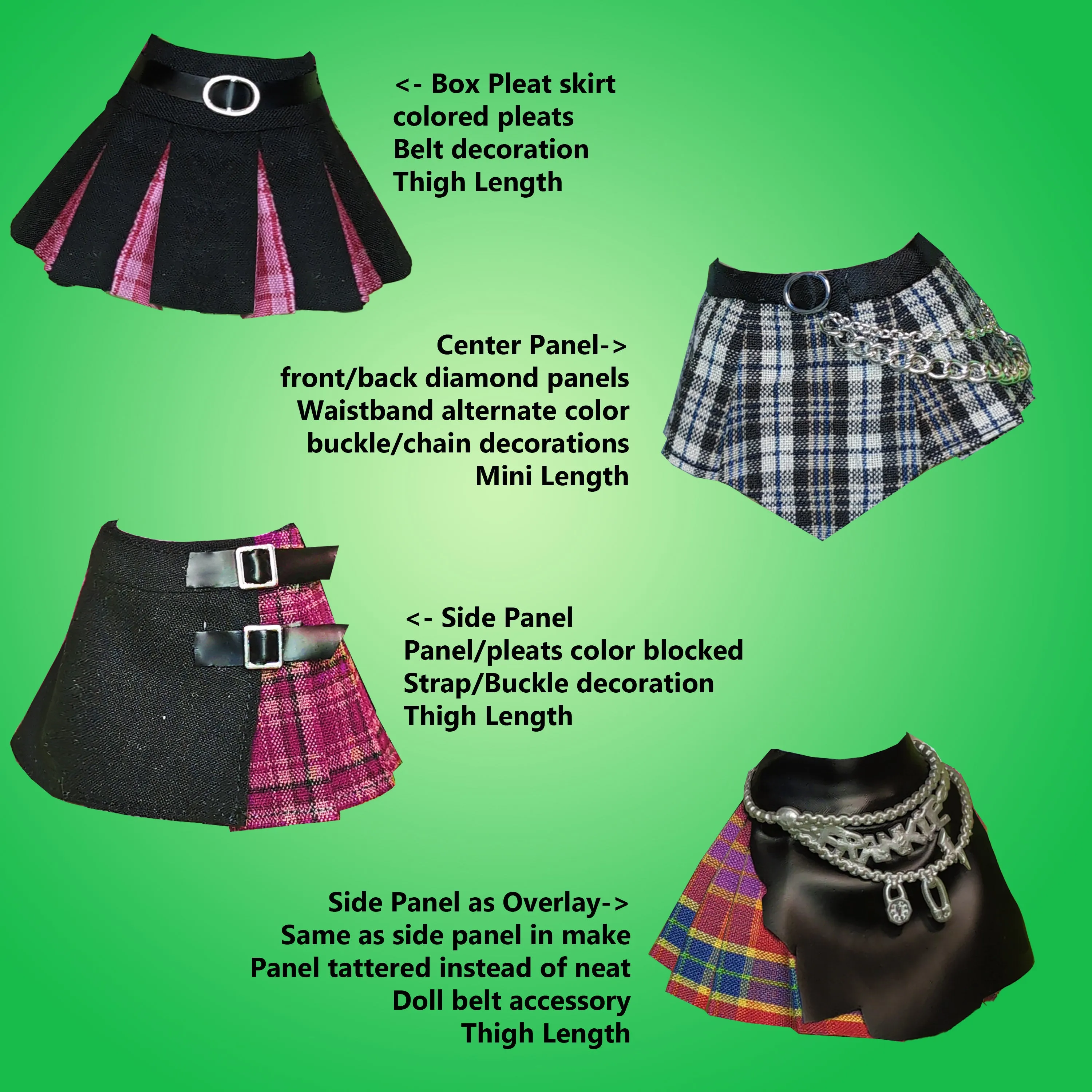 PC PLEATS & PLAID 11" Fashion Doll - Punky knife and box pleated skirts with panels - Downloadable RAD Doll Clothes PDF Sewing Pattern