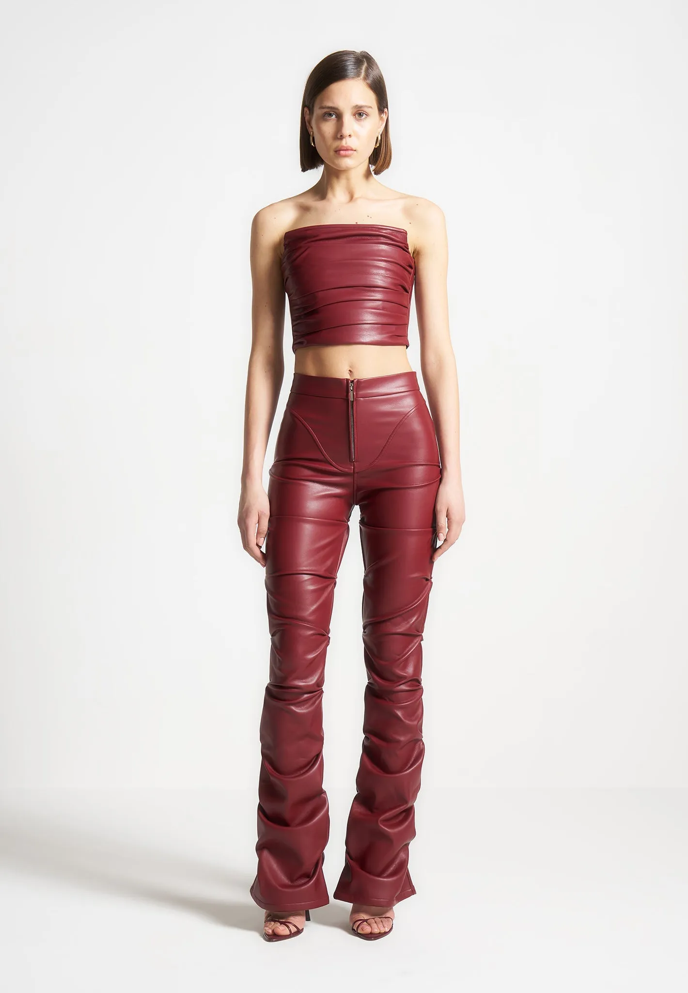 Pleated Bandeau Leather Corset Top - Wine Red