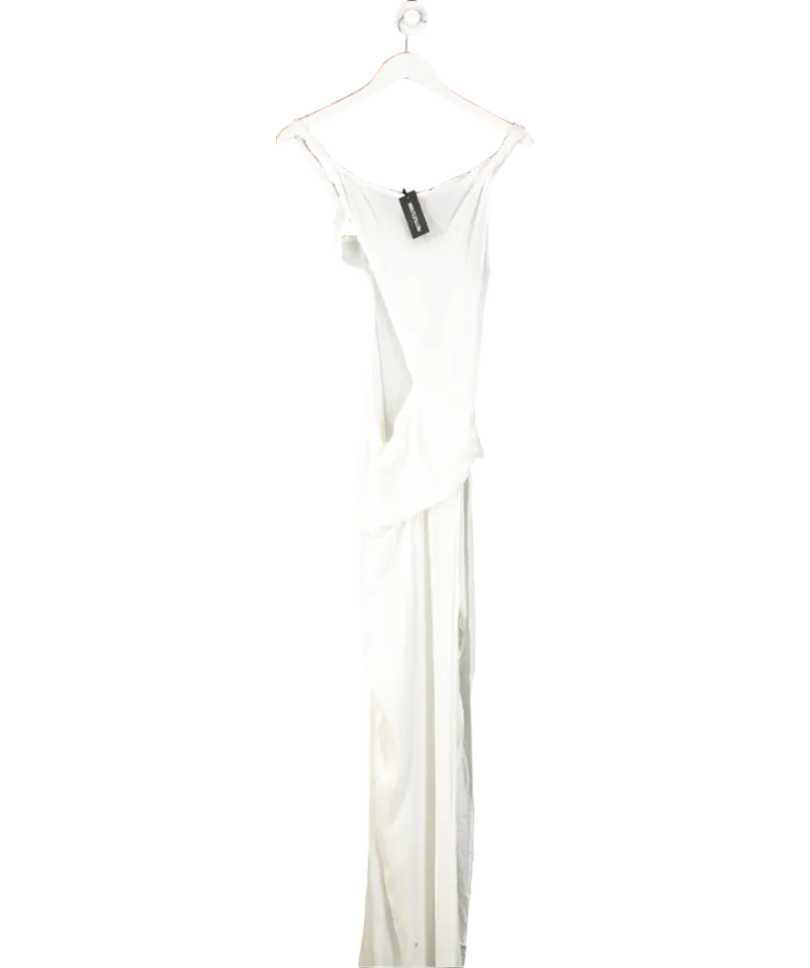 PrettyLittleThing White Sheer Asymmetrical Textured Twist Cut Out Maxi Dress UK 8