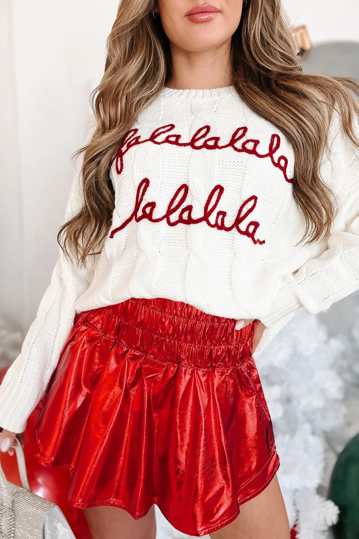 "Falala" Cable Knit Graphic Sweater (Ivory)