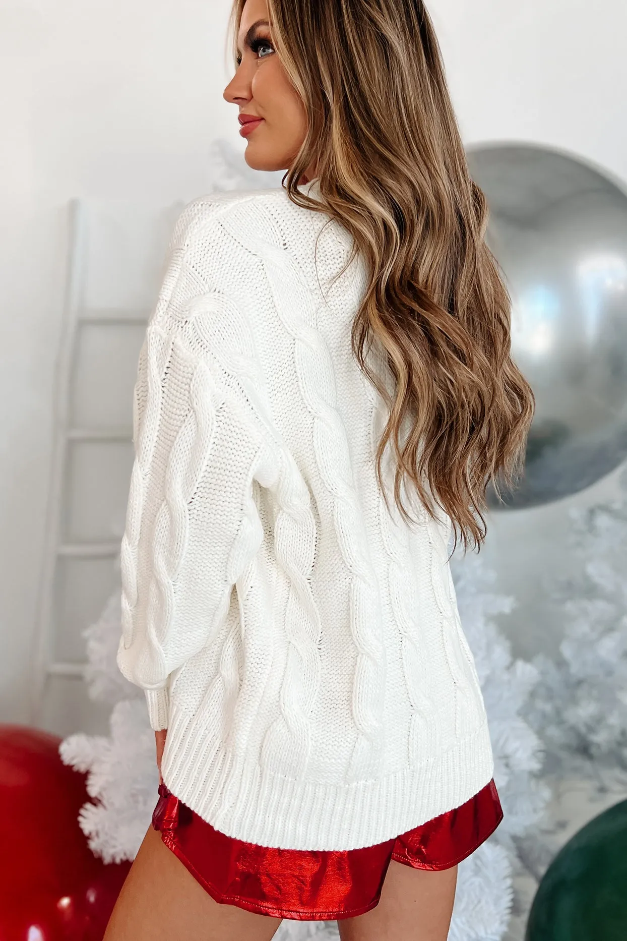 "Falala" Cable Knit Graphic Sweater (Ivory)