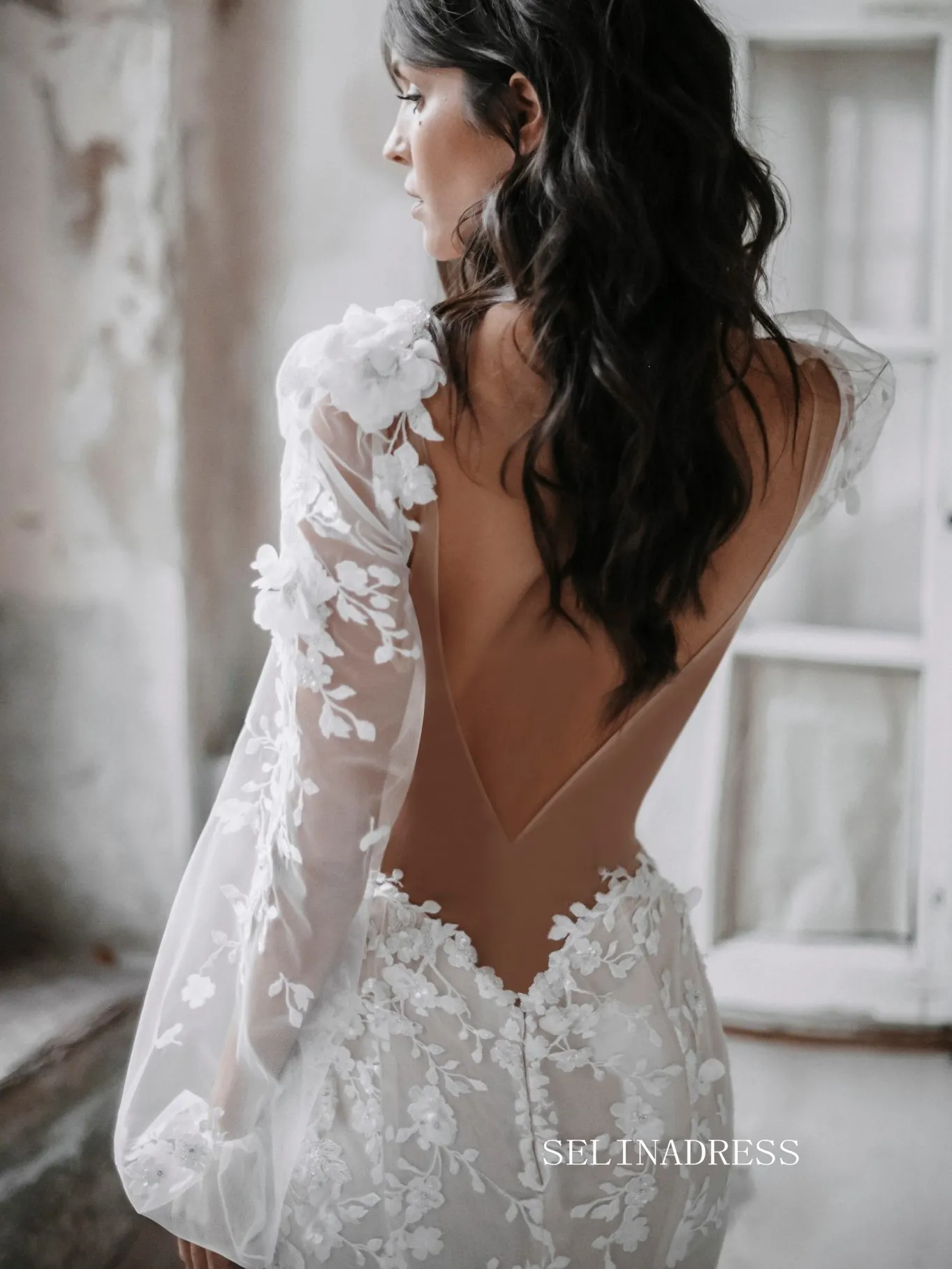 Romantic Beach Wedding Dress Bridal Lace Applique Tulle Long Sleeves Bride Dresses Wedding Gowns ASK003