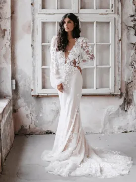 Romantic Beach Wedding Dress Bridal Lace Applique Tulle Long Sleeves Bride Dresses Wedding Gowns ASK003