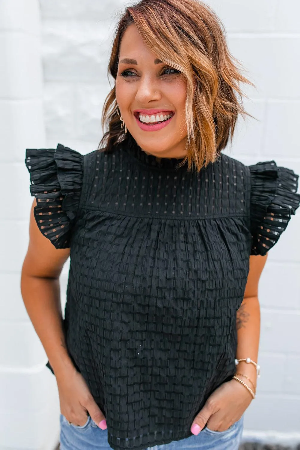 Sara Black Ruffled Hollowed Blouse