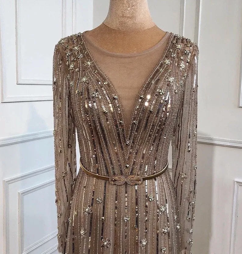Selinadress A line Dubai Luxury Long Sleeve Rhinestone Prom Dress Formal Evening Gowns SC055