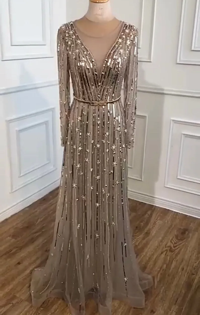 Selinadress A line Dubai Luxury Long Sleeve Rhinestone Prom Dress Formal Evening Gowns SC055