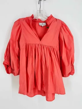 Size XL Coral Puff Sleeve Pleated Designer Top-Short Sleeve