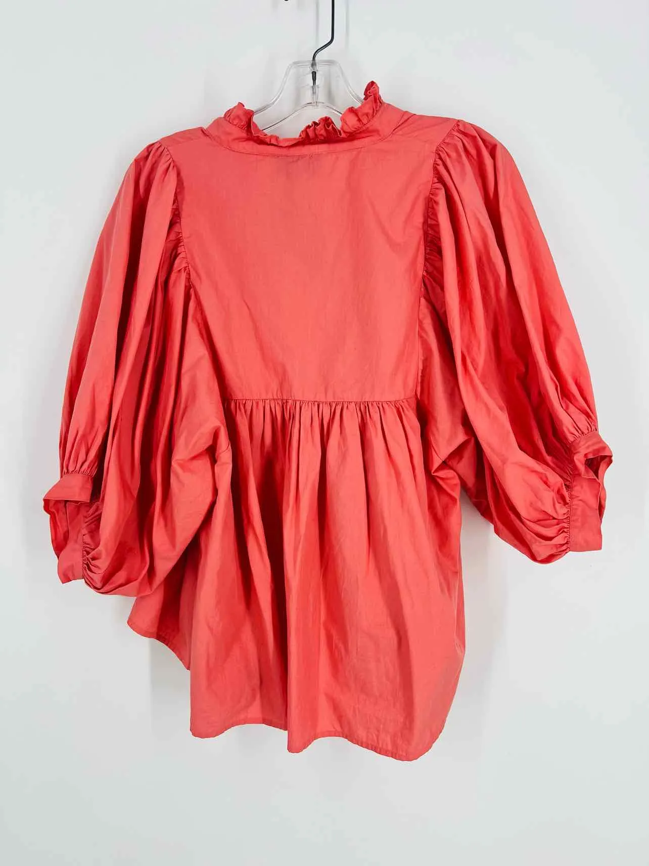 Size XL Coral Puff Sleeve Pleated Designer Top-Short Sleeve
