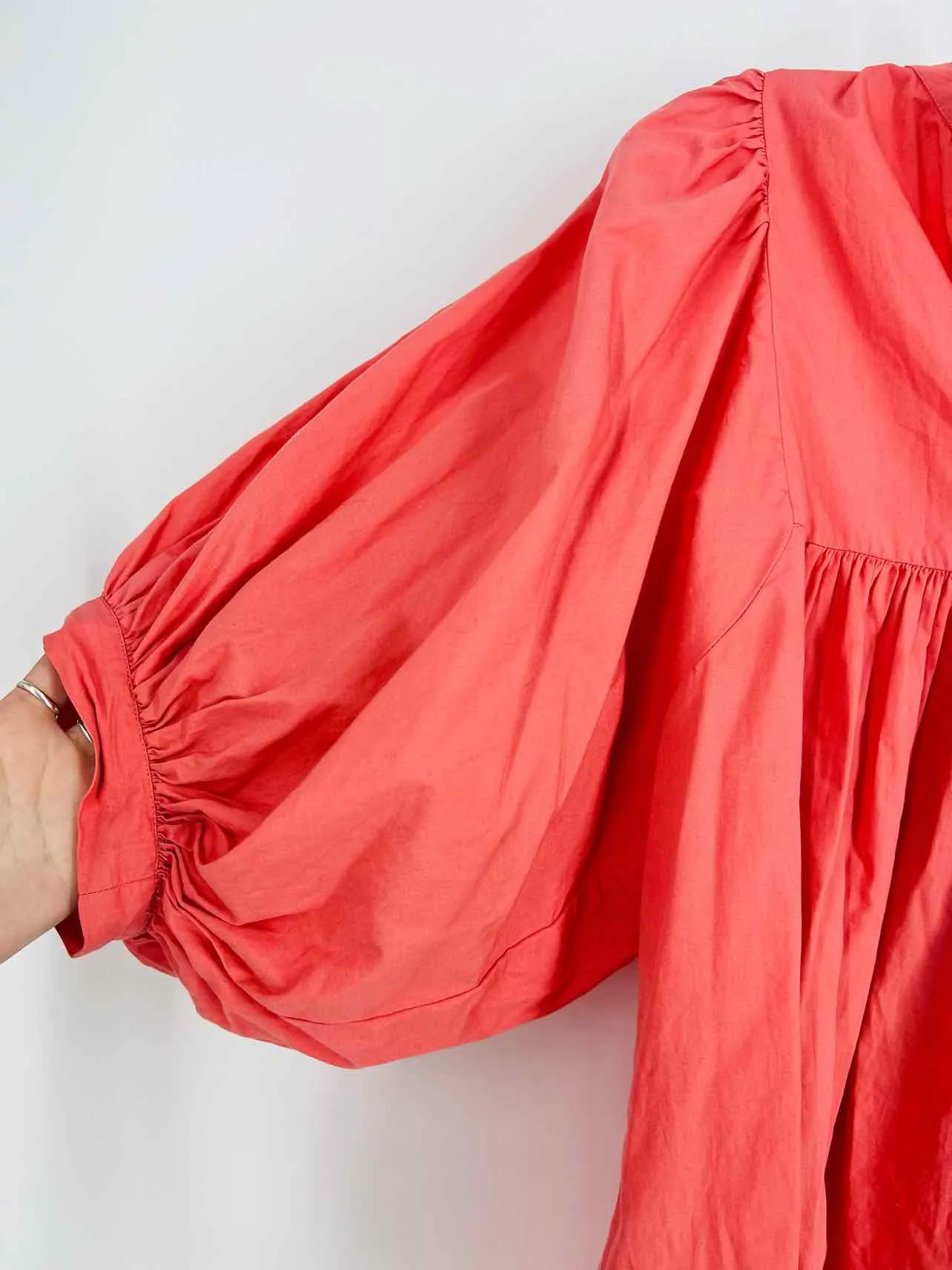 Size XL Coral Puff Sleeve Pleated Designer Top-Short Sleeve