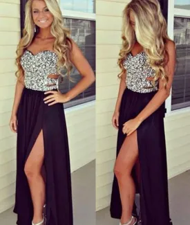 Sweetheart Neck Beaded Black Prom Dresses, Black Formal Dresses, Evening Dresses