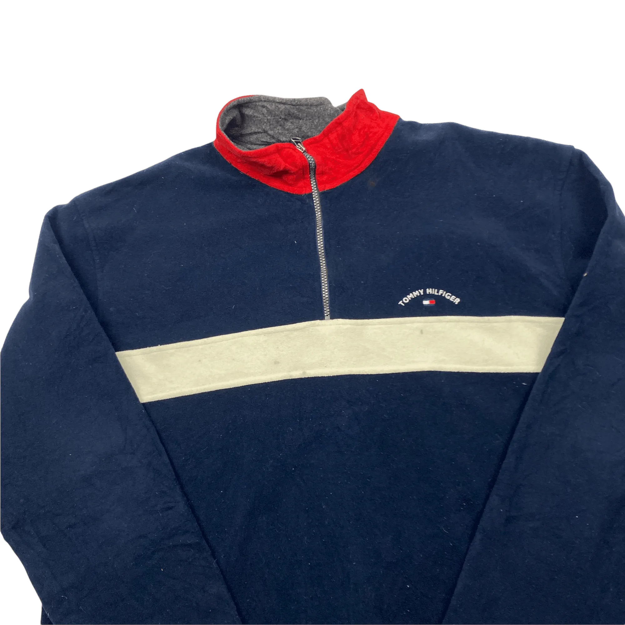 Vintage 90s Navy Blue   White Tommy Hilfiger Spell-Out Quarter Zip Fleece - XXL