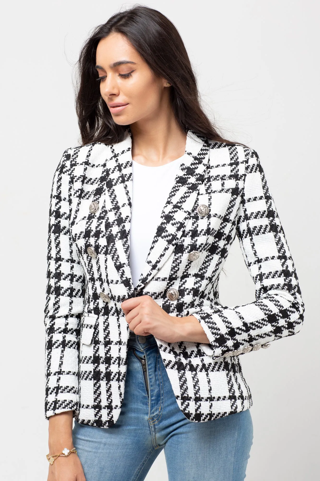 WHITE & BLACK CROSS BLAZER SILVER BUTTONS