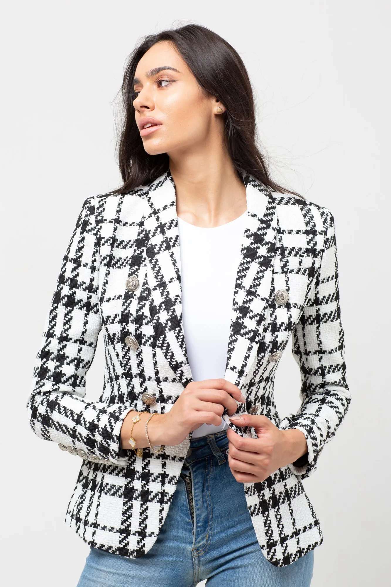 WHITE & BLACK CROSS BLAZER SILVER BUTTONS